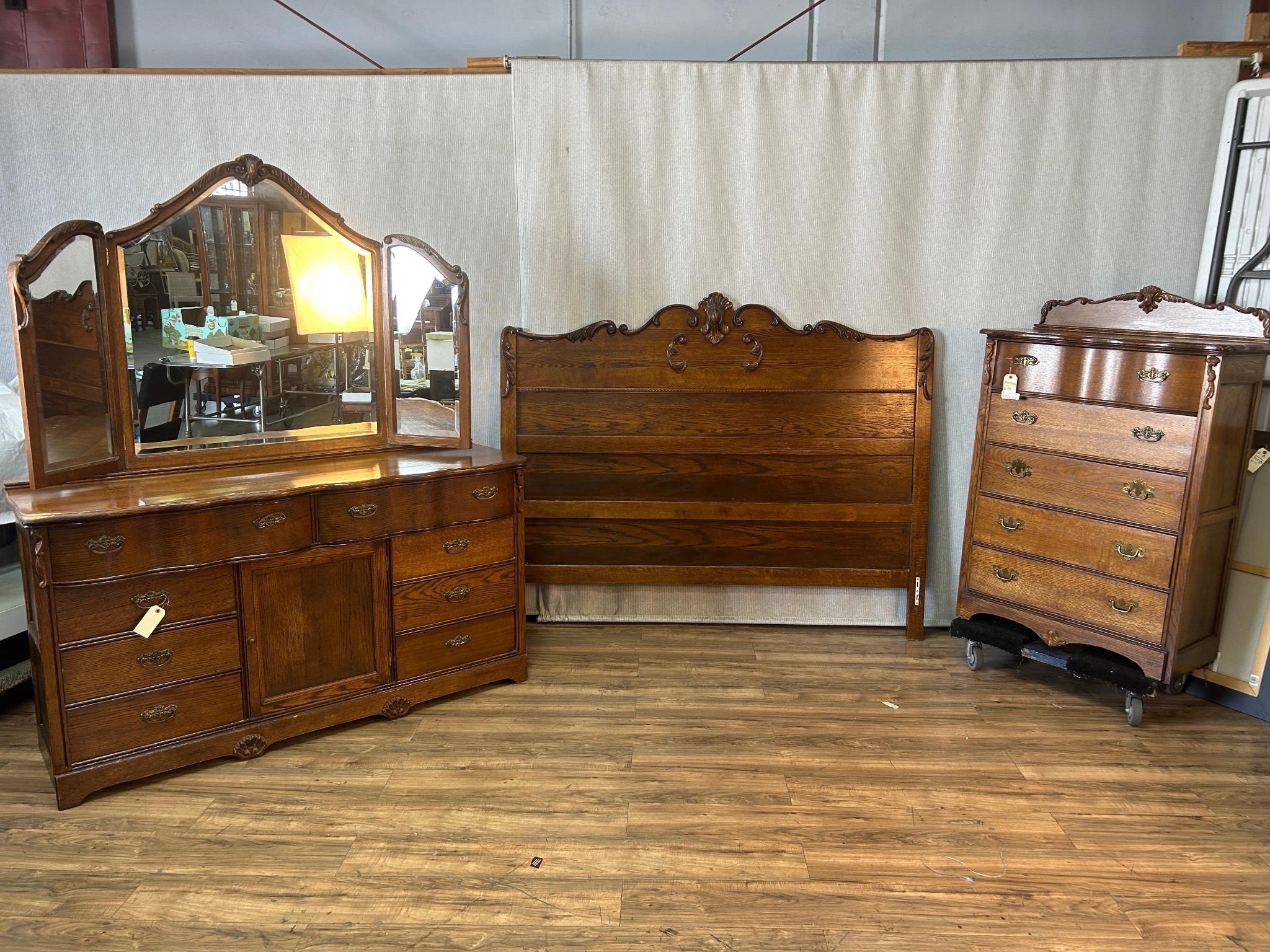 Vintage Oak Bedroom Set: Headboard, Dresser, Chest