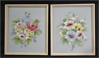 2 pcs Antique Floral Paintings On Glass - Signed