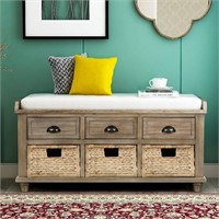 Rustic Storage Bench With 3 Drawers And 3 Rattan