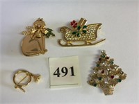 GOLD TONE CAT PIN FRENCH HORN CHRISTMAS TREE AND