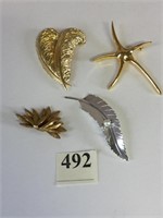 DOUBLE FEATHER PIN SILVER TONE LEAF PIN WITH