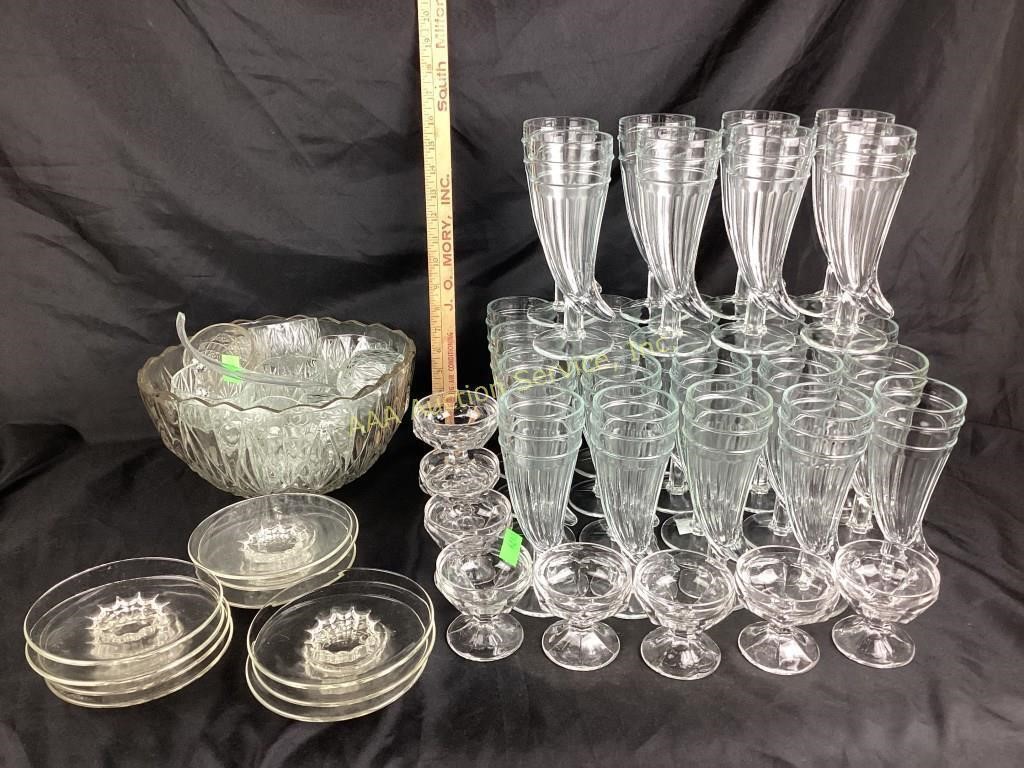 Glass punch bowl with cups. Set of 8 dessert