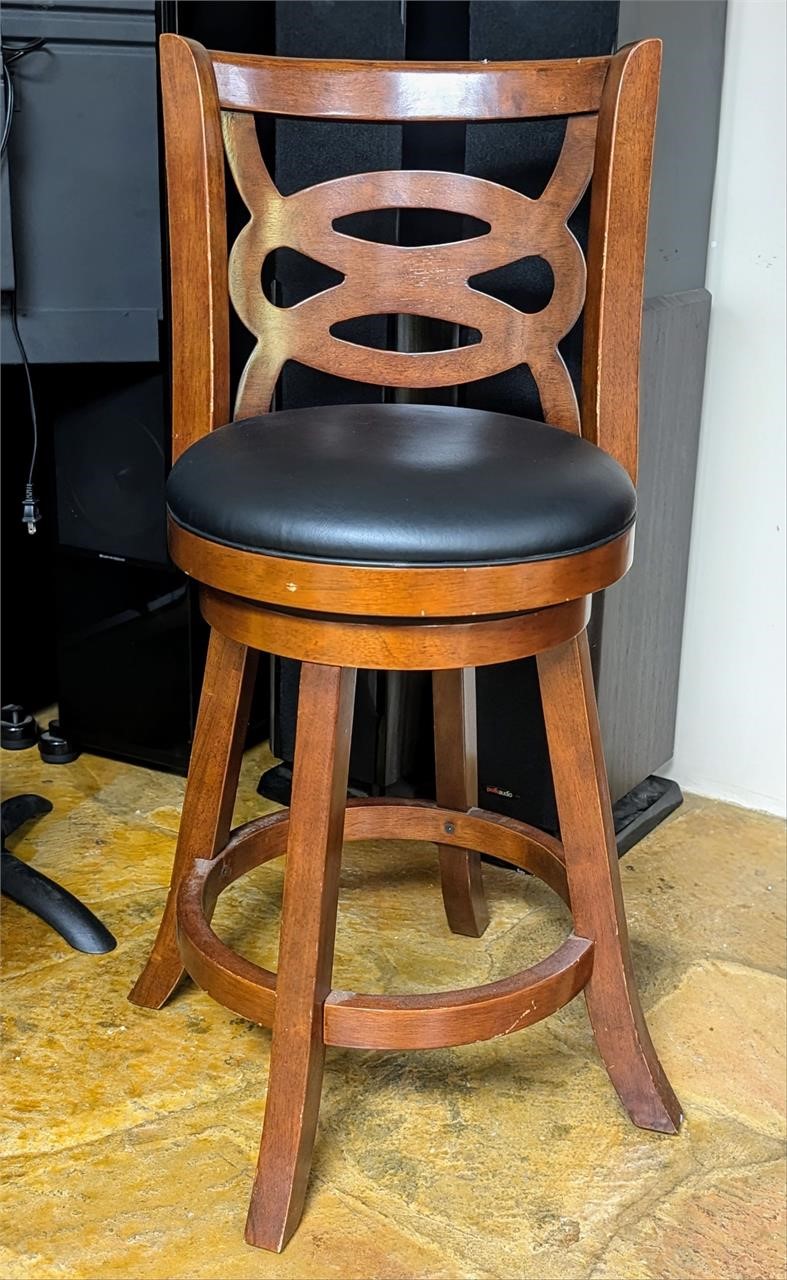 Wood & Black Leather Stool