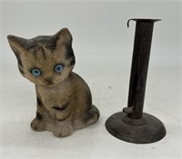 Flocked Cat Bank & Push Up Candle Stick Holder