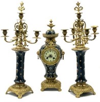 3 Pc Decorative Metal & Porcelain Ornate Clock Set