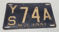Vintage 1951 New Jersey License Plate - Black #YS7