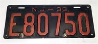 Vintage 1933 New Jersey License Plate - Black #E80