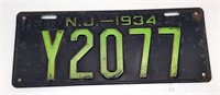 Vintage 1934 New Jersey License Plate - Black #Y20
