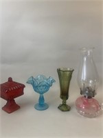 Fenton vase, coin glass piece, finger lamp