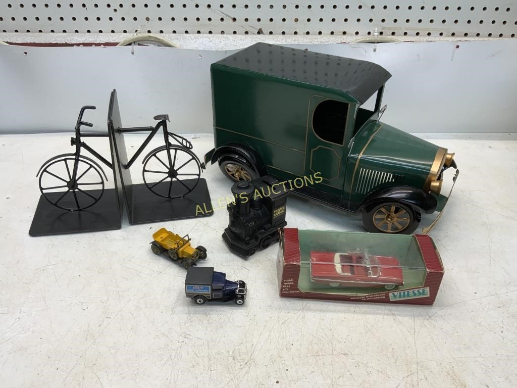 METAL CARS   BICYCLE BOOKENDS   TRAIN BANK