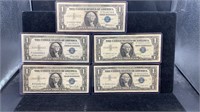 Currency: (5) $1 Silver Certificate Notes, (3)