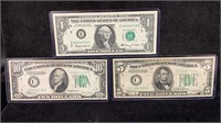 (3) Currency: 1934-C $10, 1934 $5, & 1963-A $1