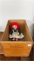 Wooden box (19.5 x 12 x 11.5) w/ Raggedy Ann doll