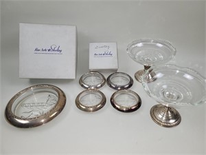 Sterling based compotes, sterling rimmed coasters