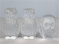 Lot Of 3 Clear Art Glass Owls - One Marked Viking