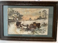 FRAMED VINTAGE  WALL ART OF CATTLE BY G. MOLI