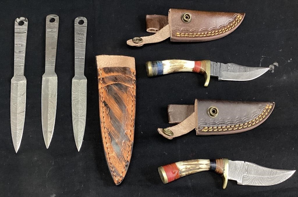 (3) DAMASCUS STEEL BLADE KNIVES w LEATHER CASES,