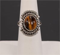 NATIVE AMERICAN SIGNED STERLING & TIGER'S EYE RING