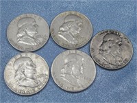 Five Ben Franklin Half Dollars Assorted Dates