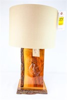 Live Edge Walnut & Oak w/Fish Engraved Table Lamp