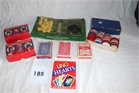 PLAYING CARDS, CHESS PIECES & POKER CHIPS BOX LOT