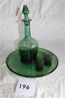 GREEN DECANTER TRAY & SHOT GLASSES LOT