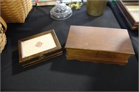 2 wood hinged jewelry boxes one with needle work