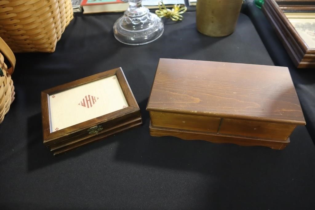 2 wood hinged jewelry boxes one with needle work