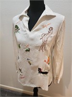 Cute Vintage Hand  Embroidered Animal Lovers Shirt