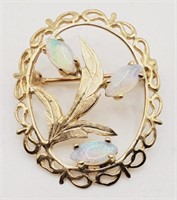 (H) 14kt Yellow Gold Opal Floral Brooch (1" long)