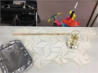 Crocheted doily , metal serving tray, A