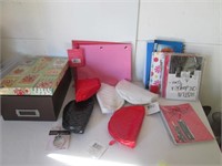 BOX LOT OF NEW NOTE BOOKS, PENCIL CASES, POUCHES,
