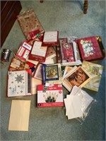 Group of Christmas cards, string lights, wrapping