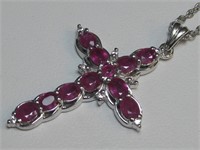 Sterling Silver Necklcae & Cross W/ Burmese Rubies