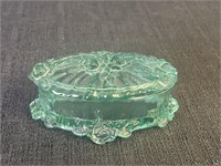 Fenton art glass teal lidded trinket box w/ roses
