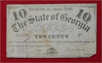 1863 State of Georgia 10 Cent Fractional Currency