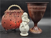 Metal Vase, Ceramic Angel & Purse Lamp