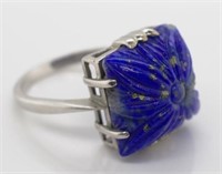 Carved lapis and white gold ladies ring