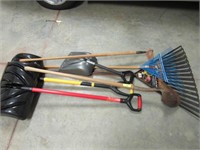 Seven Assorted Lawn & Garden Tools: Rakes, Shovels
