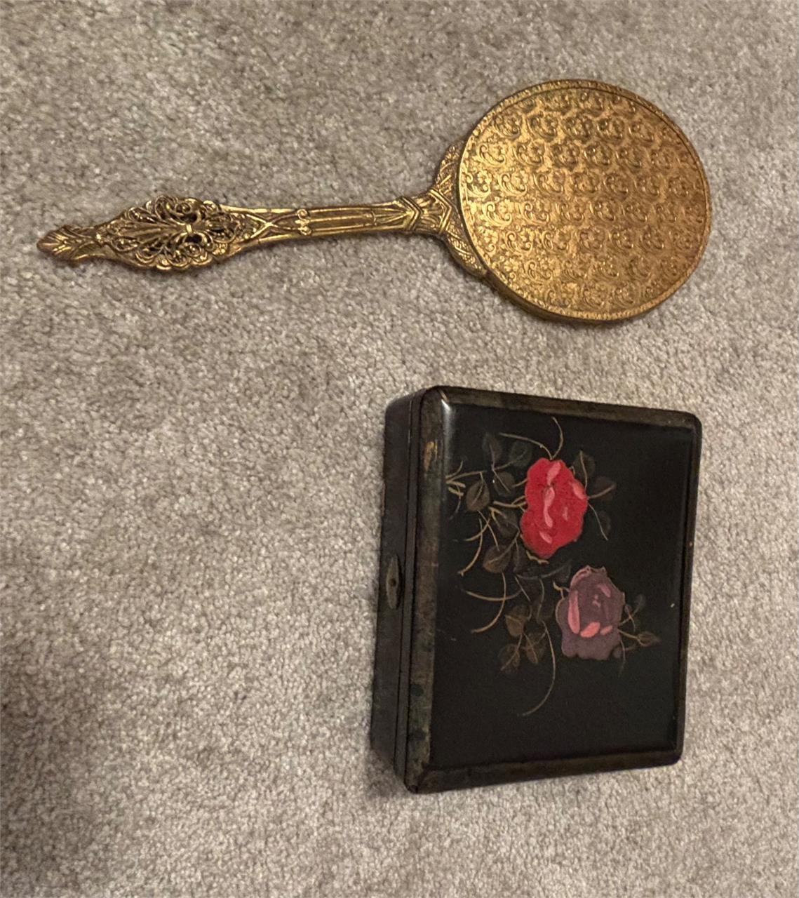 Handheld Gold Mirror & Wooden Box