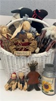 Big basket Primitive dolls and 2 large sheep