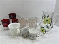 LOT OF VINTAGE HAND PAINTED GLASSES & PITCHER &