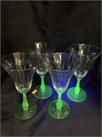 4 GREEN URANIUM & CRYSTAL 7.5 “ WINE GLASSES