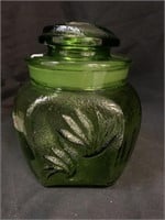 7 “ RETRO GREEN GLASS JAR W/ LID