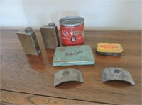 Old tobacco tins, copper flask etc