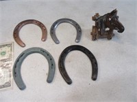 Lot (4) Horseshoes & A Horse Bottle Clip On Figure