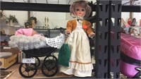 Porcelain Doll  And Doll Buggy