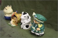 (4) Vintage Cookie Jars - Cow, Bear, Cat & Dog