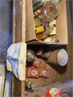 Box of vintage and antique tins, jars, bottles,