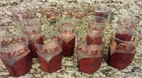 J - MIXED LOT OF GLASSWARE W/ LEATHER COOZIES (K2)